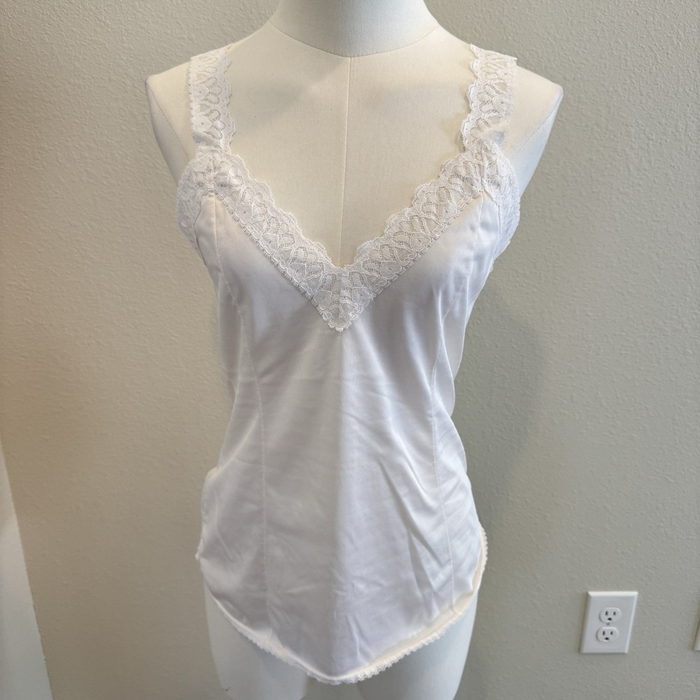 Vintage White Nylon Wide Lace Trim Cami Size L Sexy Glam Classic